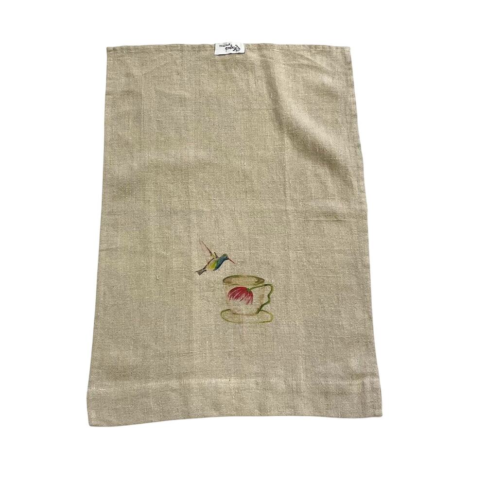 French Graffiti Beige Linen Guest Towel Hummingbird, Flower, Teacup 17 x 25
